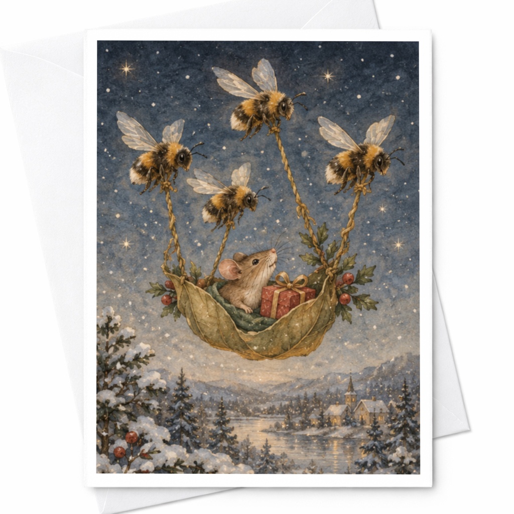 Mouse And Bees Christmas Card Cute Animal Greeting Card Winter Holiday Card For Nature Lover Whimsical Festive Card C9530