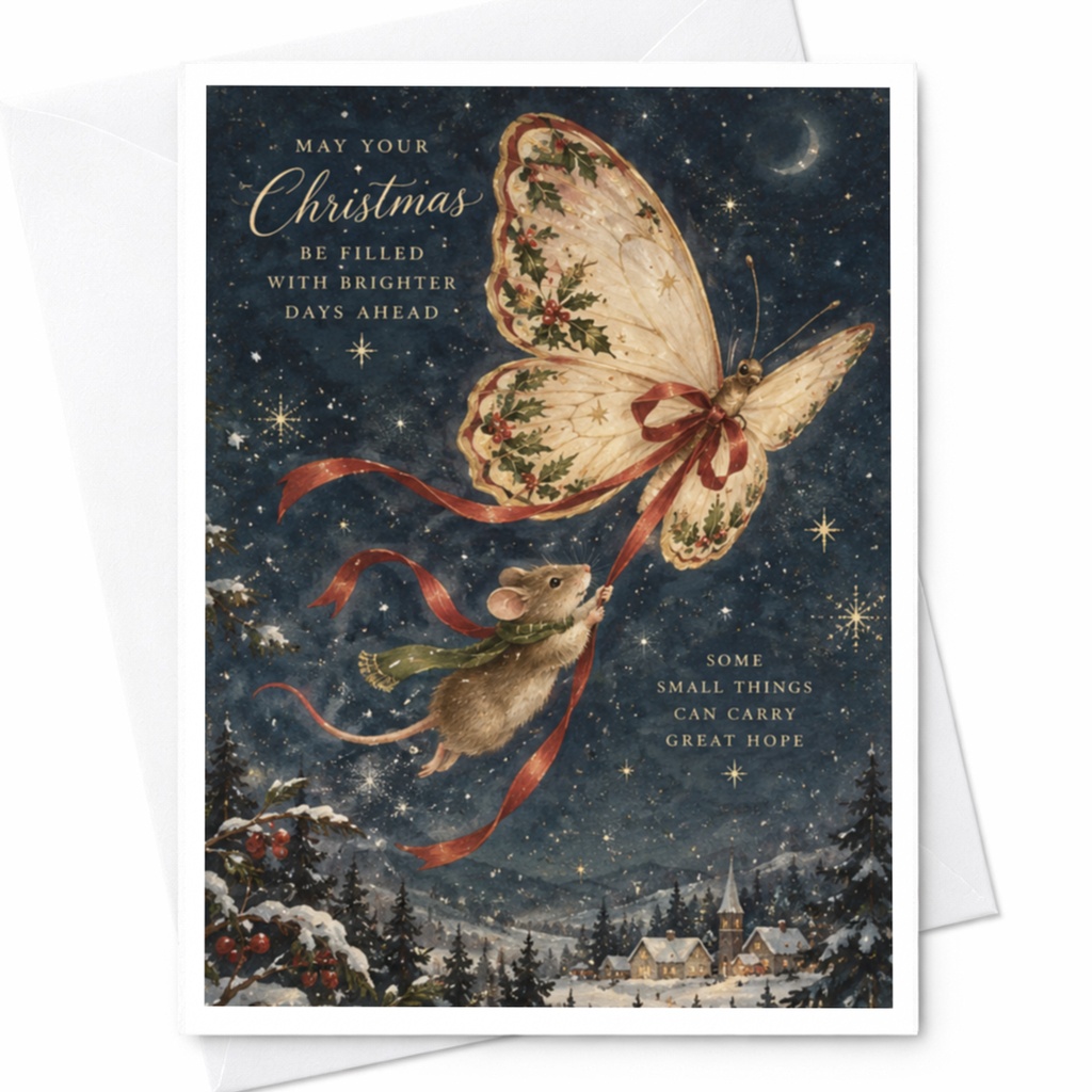 May Your Christmas Be Filled With Brighter Days Ahead Christmas Card Cute Mouse Butterfly Holiday Card Winter Scene C9531