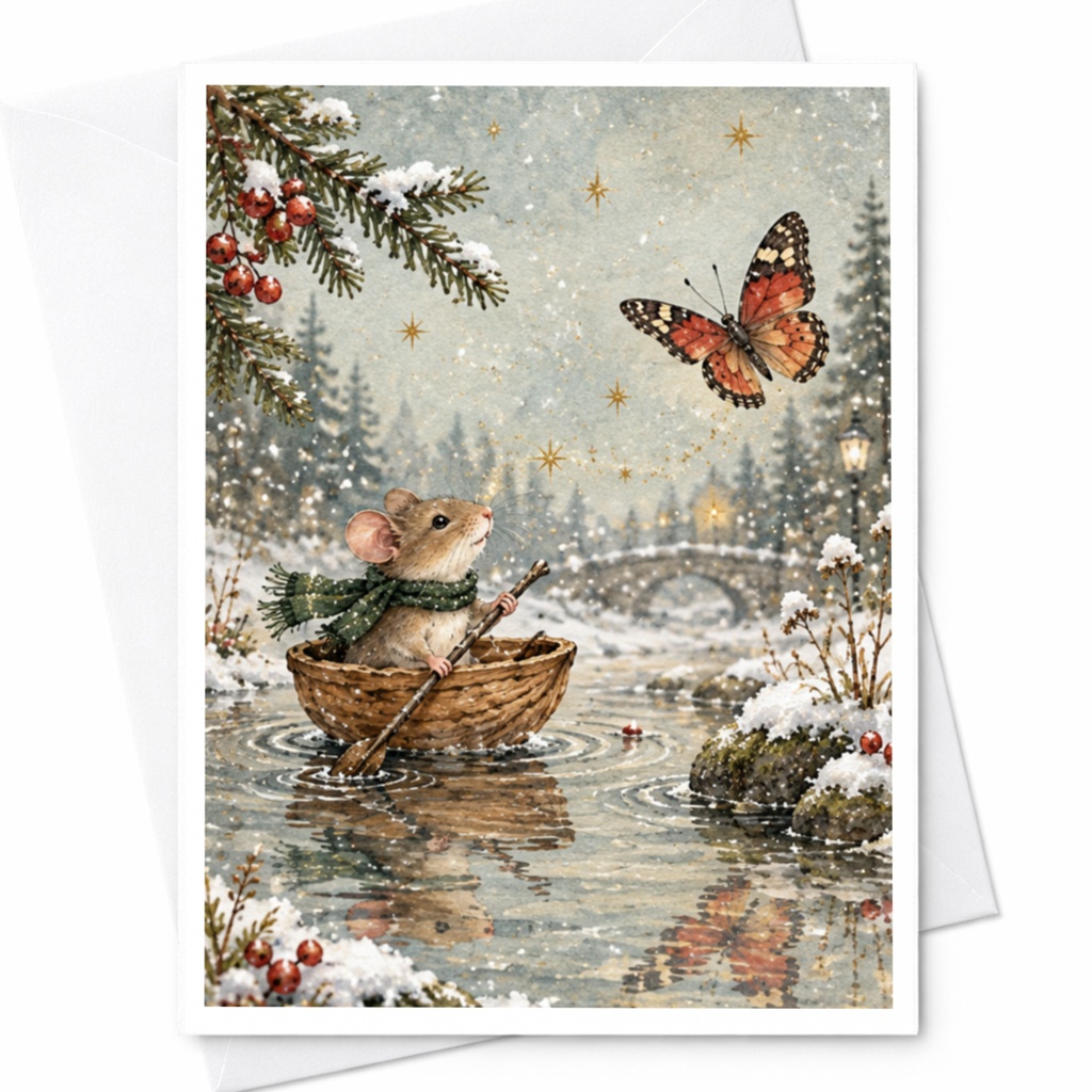 Mouse In Boat With Butterfly Blank Greeting Card Cute Animal Card For Nature Lover Whimsical Winter Scene Everyday Card C9552