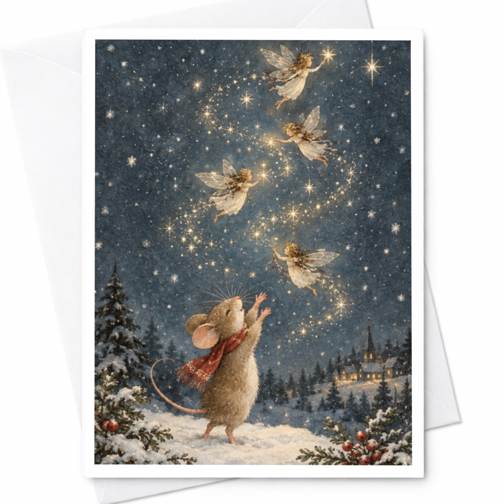 Mouse And Fairies Christmas Card Winter Wonderland Greeting Card Cute Holiday Card For Kids Magical Animal Lover Card C9534