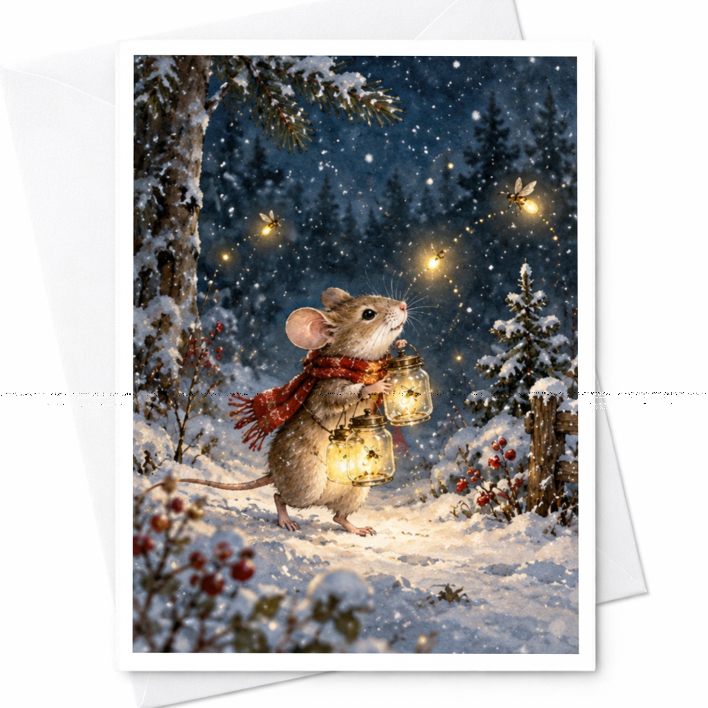 Mouse Lantern Christmas Card Cute Winter Scene Greeting Card For Animal Lover Holiday Card Snowy Forest Illustration C9556