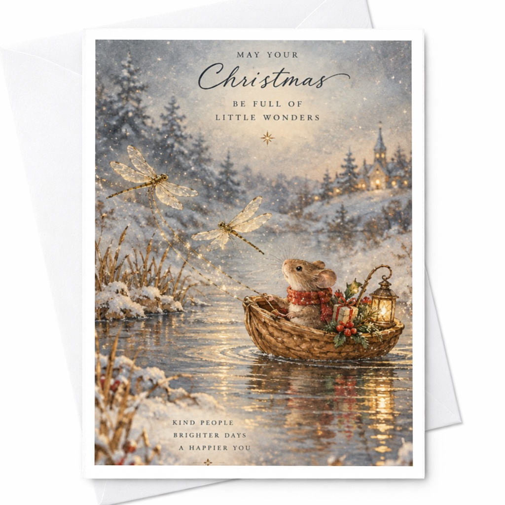 May Your Christmas Be Full Of Little Wonders Cute Christmas Card Mouse In Boat Winter Scene Holiday Greeting Card For Family C9536