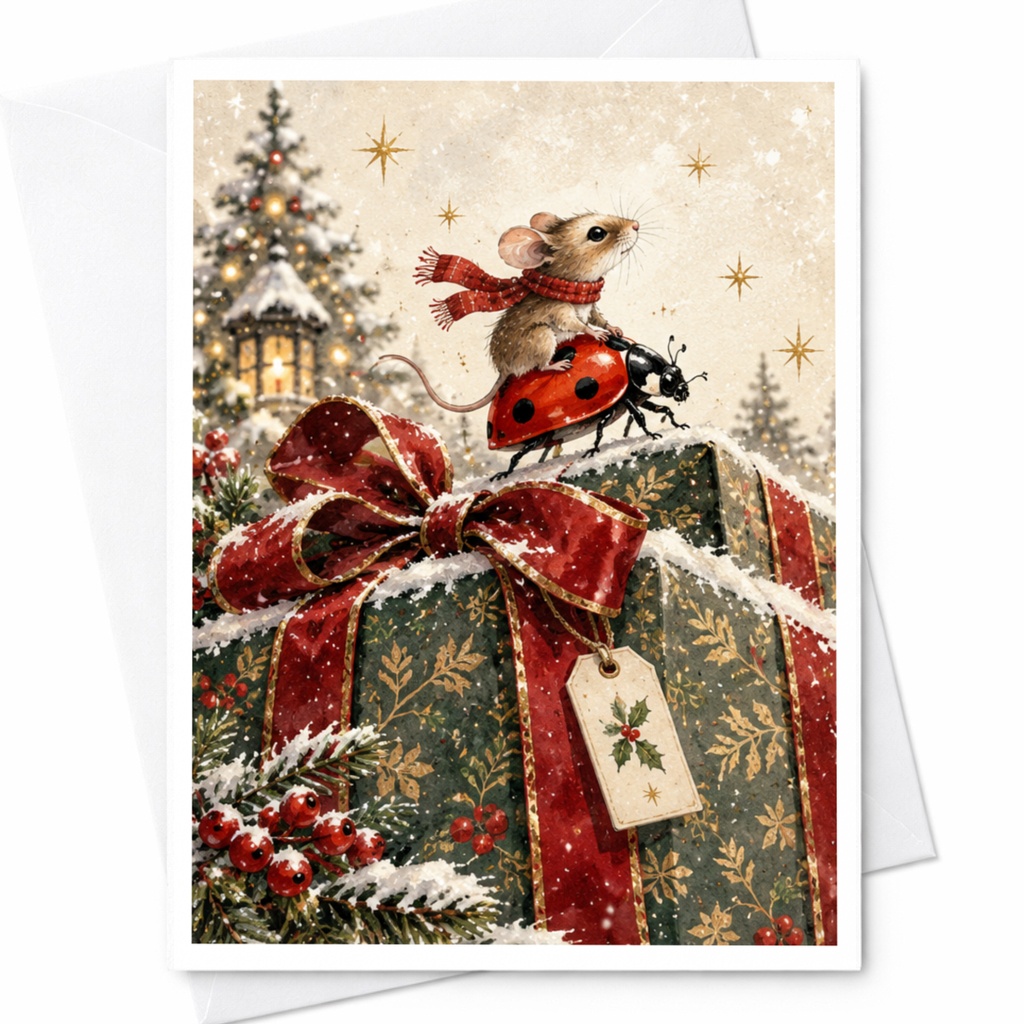 Mouse On Ladybug Christmas Card Cute Holiday Greeting Card Winter Scene For Animal Lover Festive Gift Illustration C9557