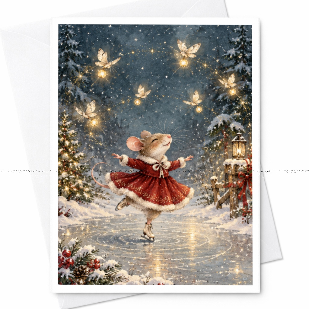Mouse Ice Skating Christmas Card Cute Winter Scene Greeting Card For Animal Lover Holiday Card Festive Illustration C9540