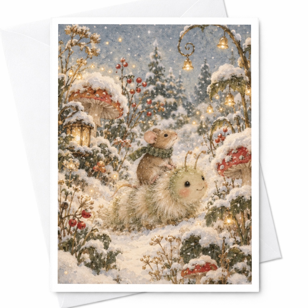 Mouse On Caterpillar Christmas Card Cute Winter Scene Greeting Card For Animal Lover Whimsical Holiday Card Snowy Forest C9542