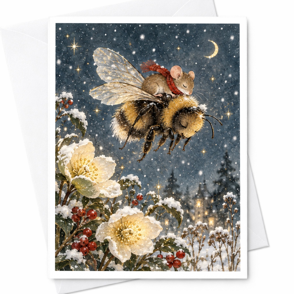 Mouse Riding Bee Card Whimsical Winter Scene Blank Greeting Card Cute Animal Art For Nature Lover Christmas Card C9543