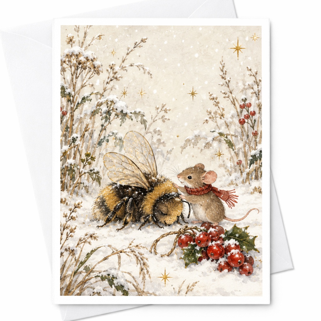 Mouse And Bee Winter Scene Blank Greeting Card Cute Animal Illustration Holiday Card For Nature Lover Christmas Card C9544