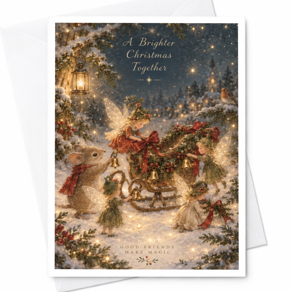 A Brighter Christmas Together Christmas Card Fairies Mouse Sleigh Good Friends Make Magic Holiday Greeting Card C9546