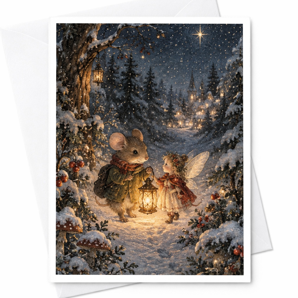 Mouse And Fairy Christmas Card Winter Wonderland Greeting Card Cute Holiday Card For Kids Magical Forest Scene C9550