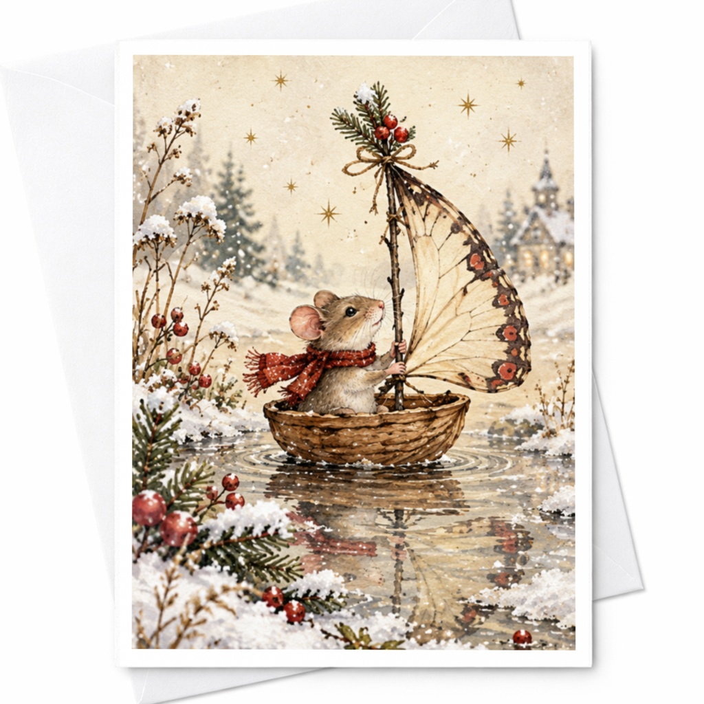 Mouse In Winter Boat Christmas Card Cute Animal Holiday Greeting Card For Nature Lover Whimsical Snowy Scene C9551