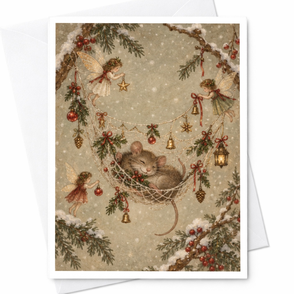 Christmas Mouse Card Cute Holiday Greeting Card With Fairies And Decorations For Animal Lover Whimsical Christmas Card C9553