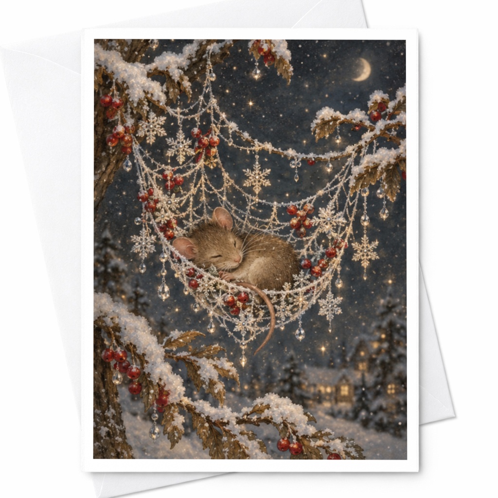 Mouse In Snowflake Hammock Christmas Card Cute Winter Scene Greeting Card For Animal Lover Holiday Card Cozy Festive C9554