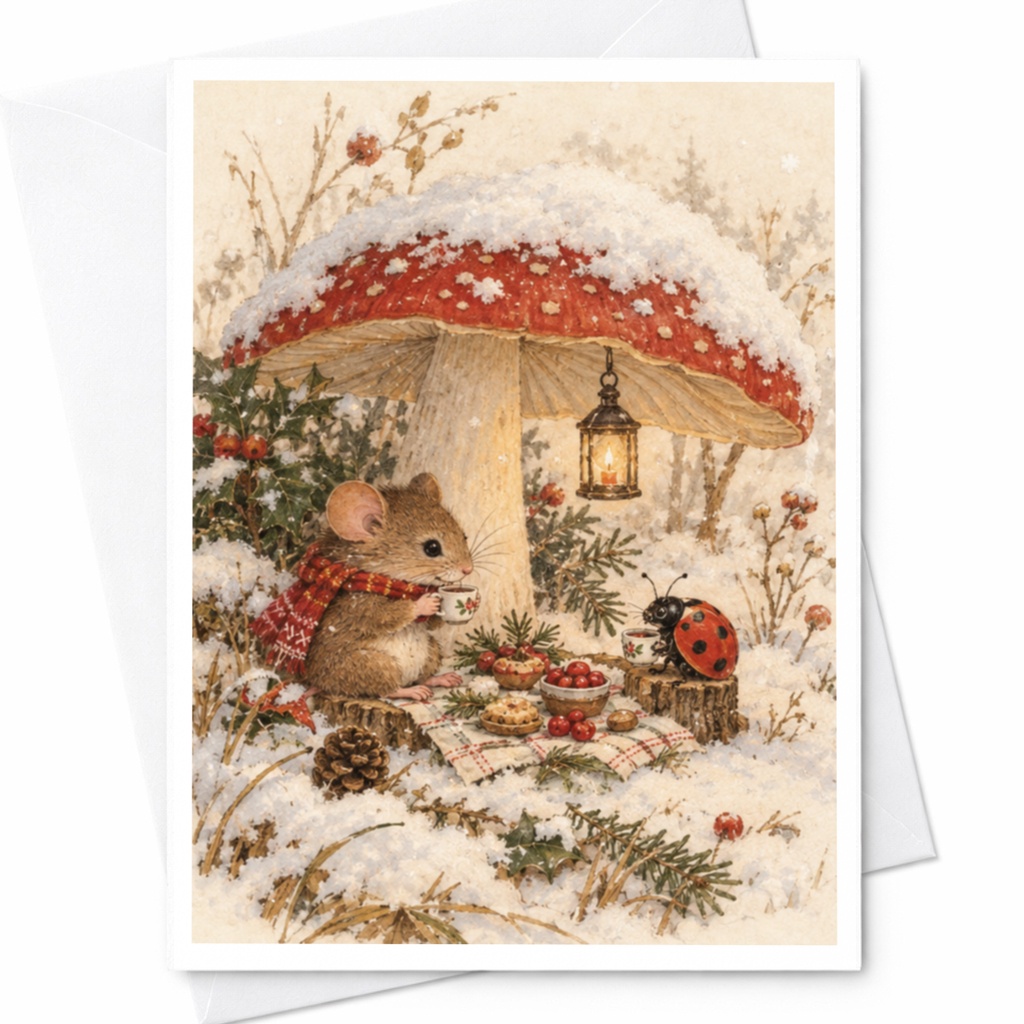 Mouse And Ladybug Under Mushroom Blank Greeting Card Cute Woodland Animal Card For Nature Lover Whimsical Winter Scene C9559