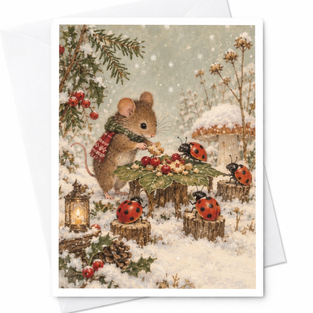 Mouse And Ladybugs Winter Scene Blank Greeting Card Cute Animal Card For Nature Lover Woodland Holiday Card Snowy Forest C9560