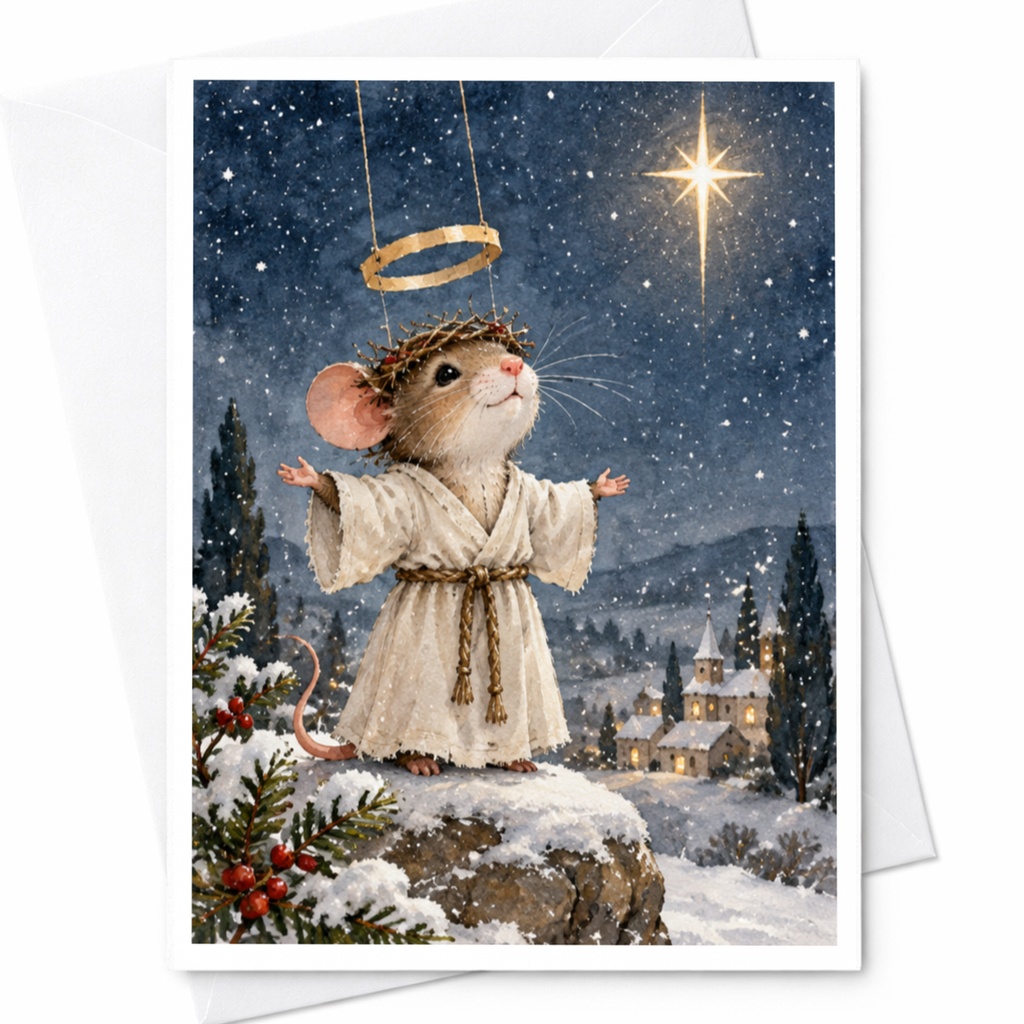 Mouse Angel Christmas Card Cute Animal Holiday Greeting Card Winter Scene For Animal Lover Festive Card Snowy Night C9562