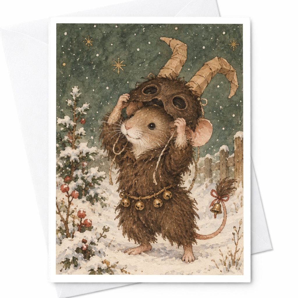 Mouse In Costume Christmas Card Cute Animal Holiday Greeting Card Winter Wonderland For Animal Lover Festive Bells C9564