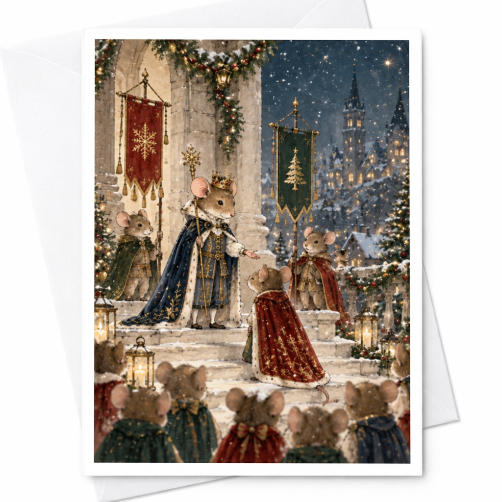 Royal Mice Christmas Card Festive Holiday Greeting Card Cute Animal Illustration Winter Wonderland Scene For Family C9574