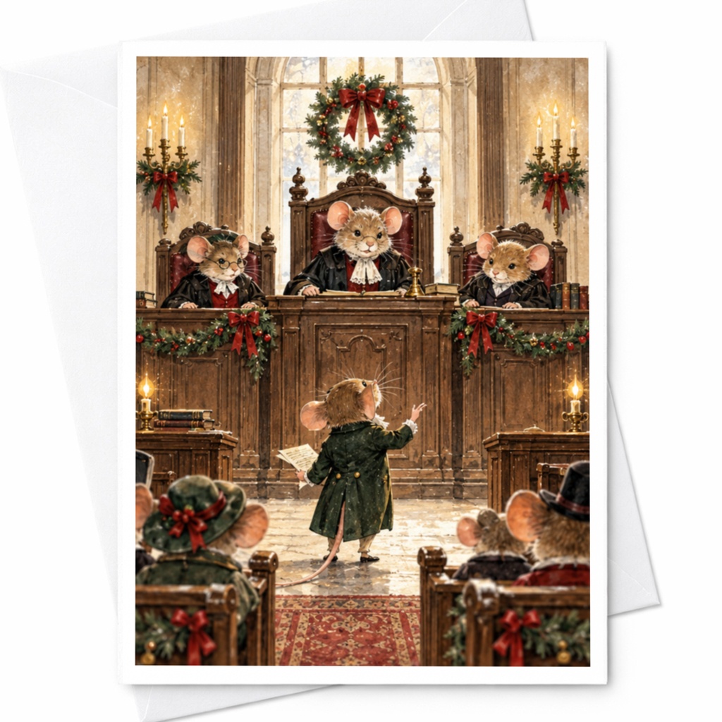 Mice Courtroom Scene Christmas Greeting Card Cute Holiday Card For Animal Lover Festive Illustration Card Winter Celebration C9575