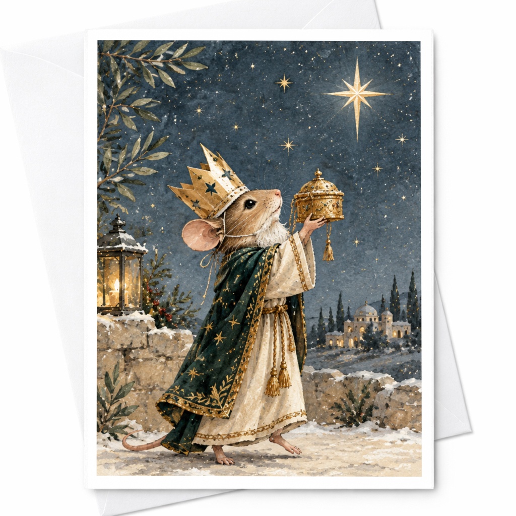 Mouse King Christmas Card Cute Animal Holiday Greeting Card Starry Night Scene For Kids Family Whimsical Winter Card C9578