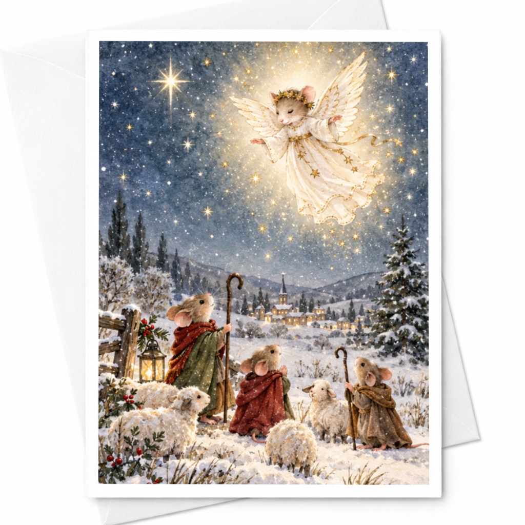 Christmas Card Mice And Angel Winter Scene Cute Holiday Greeting Card For Family Festive Animal Art Card C9580