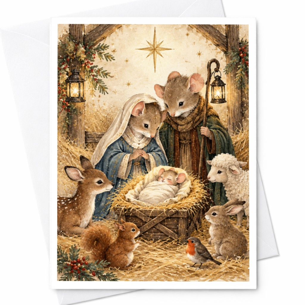 Nativity Scene Christmas Card Cute Animal Holiday Card Woodland Creatures Greeting Card For Family Festive Seasonal Card C9583