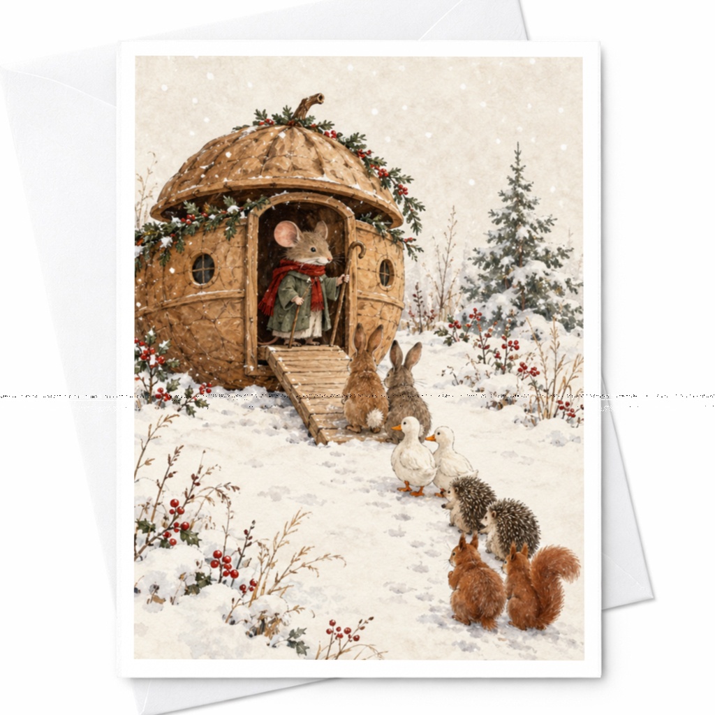 Mouse In Acorn House Christmas Card Woodland Animals Winter Scene Cute Holiday Greeting Card For Animal Lover C9565