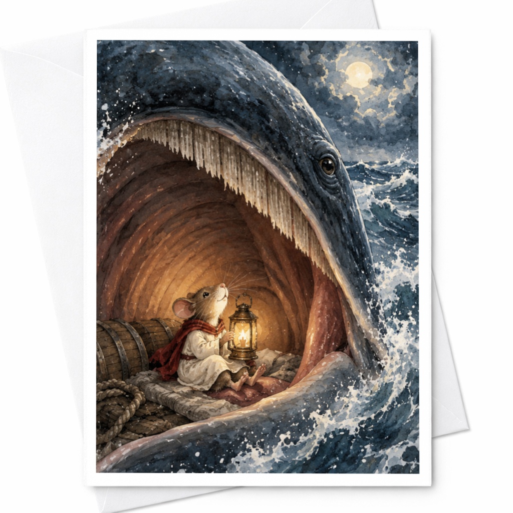 Mouse With Lantern Inside Whale Blank Greeting Card Whimsical Animal Art Card For Nature Lover Cute Illustration Everyday Card C9590
