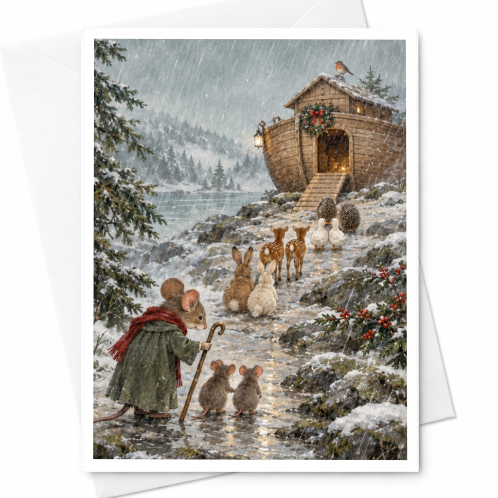 Animals Walking Towards Ark Christmas Card Cute Winter Scene Greeting Card For Animal Lover Holiday Card Woodland Animals C9566