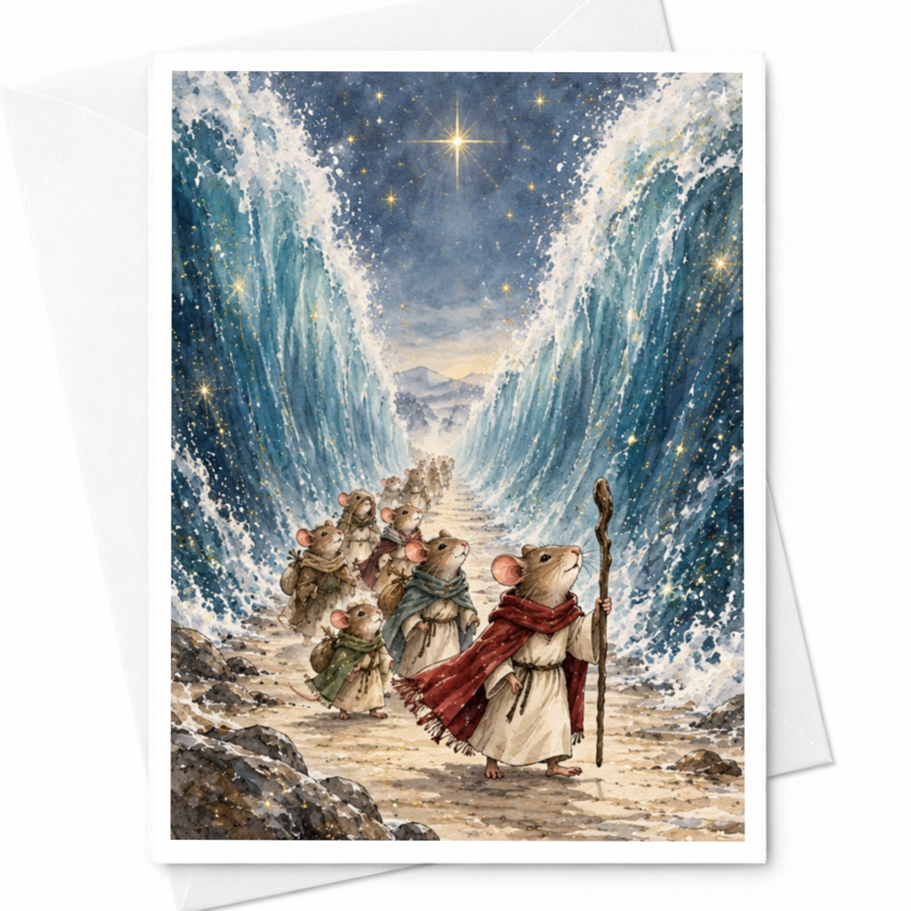 Mice Crossing Parted Sea Blank Greeting Card Whimsical Animal Art Everyday Card For Nature Lover Cute Illustration C9592