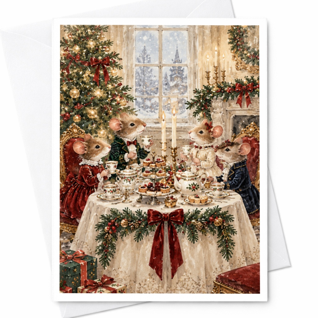 Mice Christmas Tea Party Card Festive Holiday Greeting Card Cute Animal Illustration For Family Winter Celebration Card C9595
