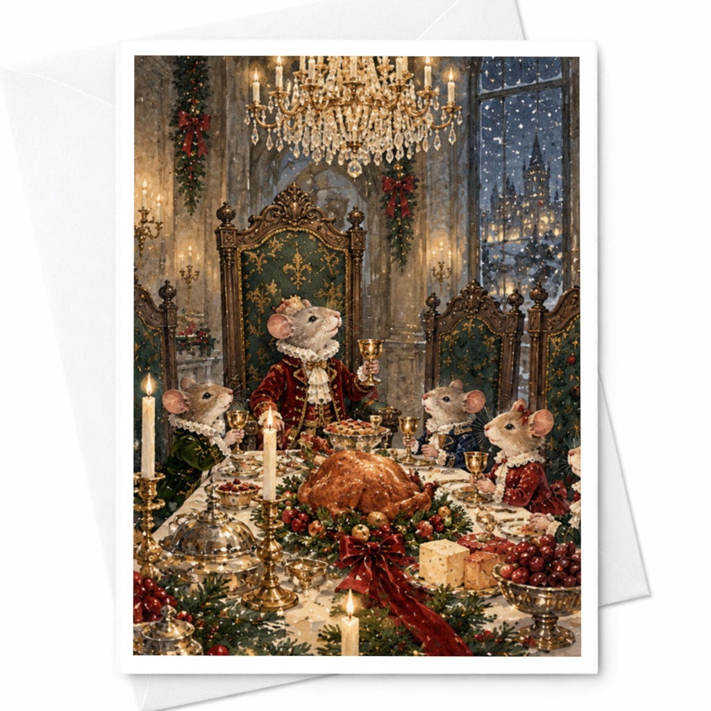 Festive Mice Dinner Scene Christmas Card Holiday Greeting Card Cute Animal Illustration For Family Winter Celebration C9596