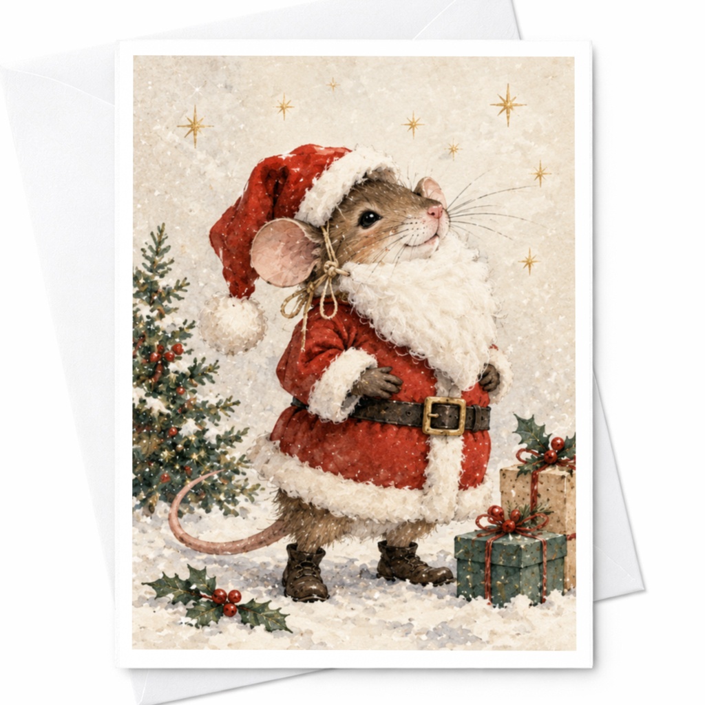 Mouse In Santa Outfit Christmas Card Cute Holiday Greeting Card For Animal Lovers Festive Winter Scene With Gifts And Tree C9571