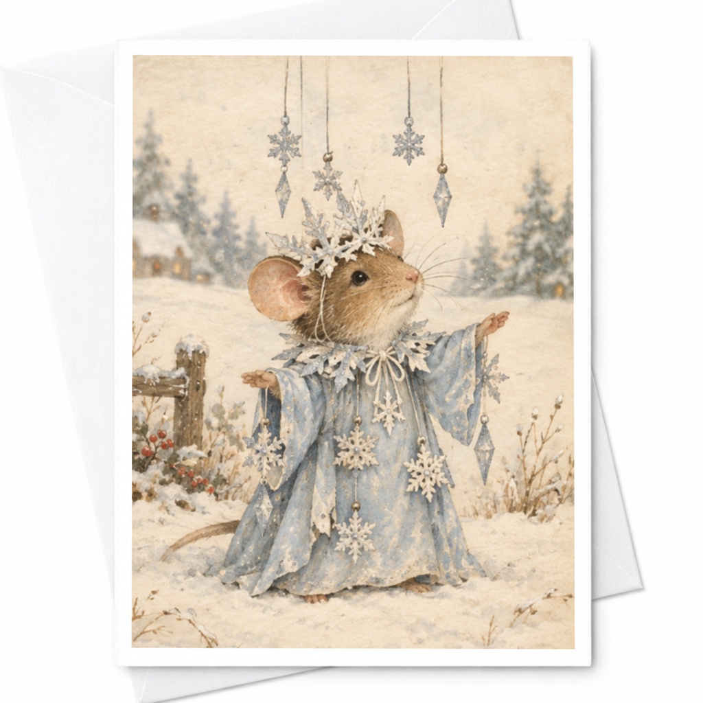 Mouse In Snowflake Dress Christmas Card Cute Winter Animal Greeting Card For Her Holiday Card Whimsical Snowy Scene C9597