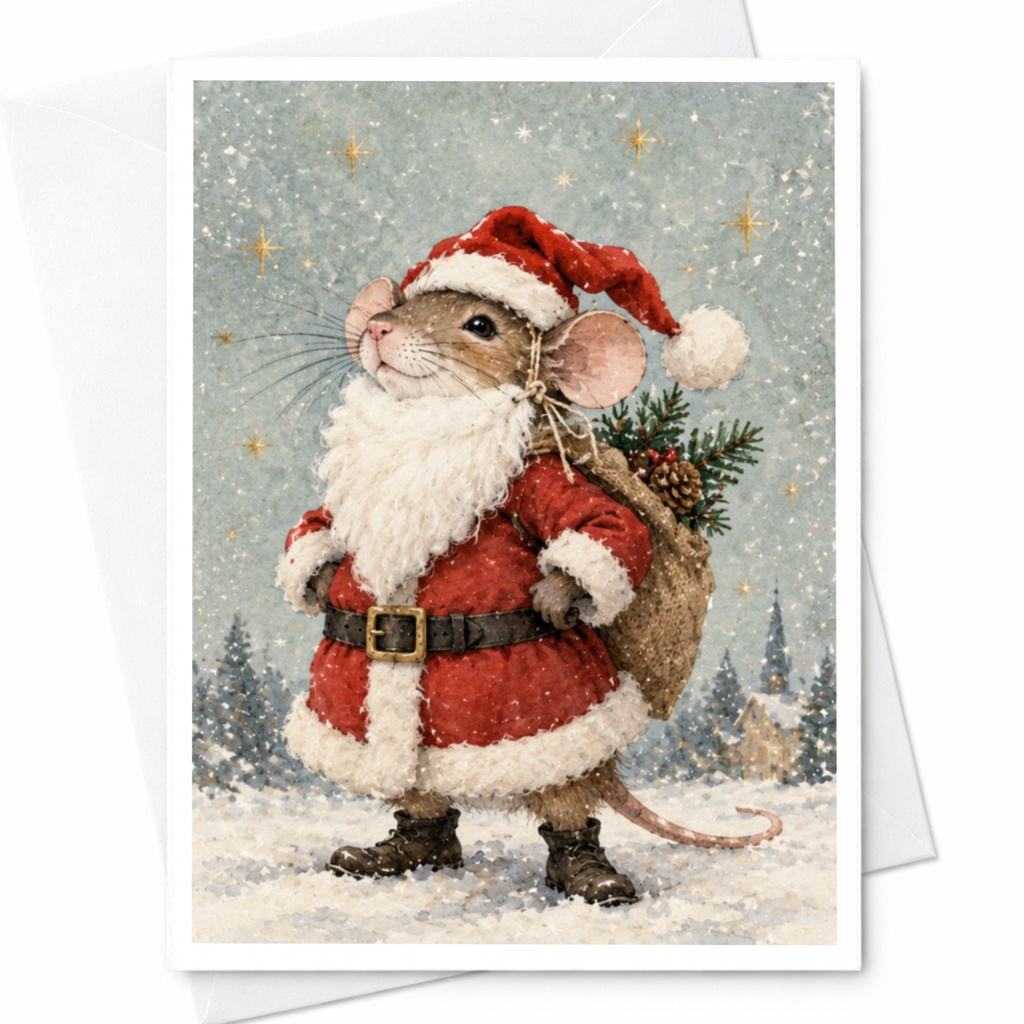 Mouse In Santa Outfit Christmas Card Cute Holiday Greeting Card For Animal Lovers Festive Winter Scene Adorable Xmas Card C9572