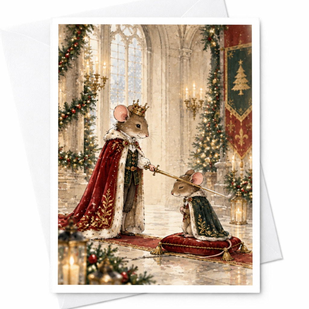 Royal Mice Coronation Blank Greeting Card Cute Animal Illustration Christmas Card For Animal Lover Whimsical Holiday Card C9573