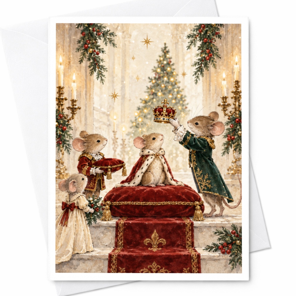 Mice Coronation Scene Christmas Card Cute Holiday Greeting Card For Animal Lover Festive Winter Card Adorable Mouse Art C9599