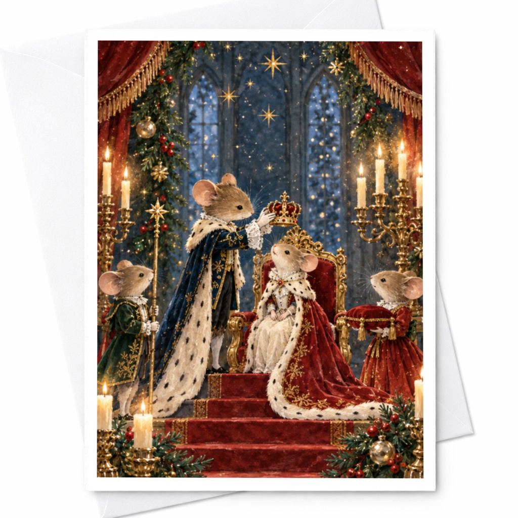 Royal Mice Coronation Scene Blank Greeting Card Cute Animal Card For Mouse Lover Whimsical Art Card Christmas Holiday Card C9600