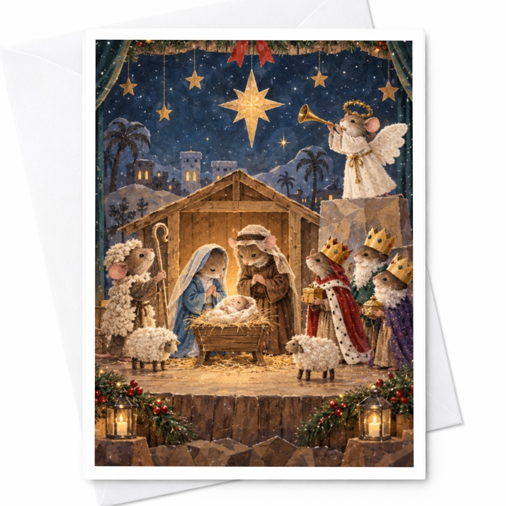 Nativity Scene Christmas Card Cute Animal Holiday Card Mice Nativity Illustration Festive Greeting Card For Family Friends C9602