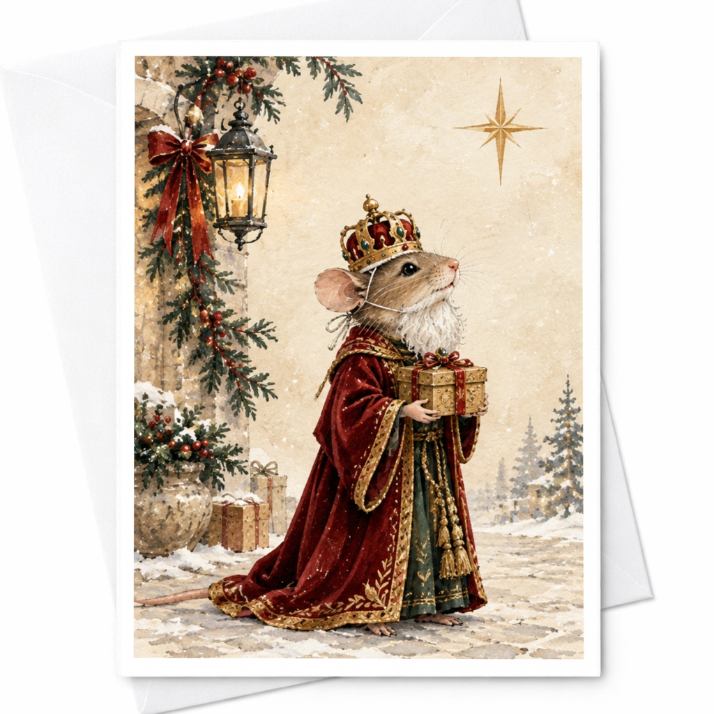 Mouse In Royal Attire Christmas Card Cute Holiday Greeting Card For Animal Lovers Festive Winter Scene With Gift C9577