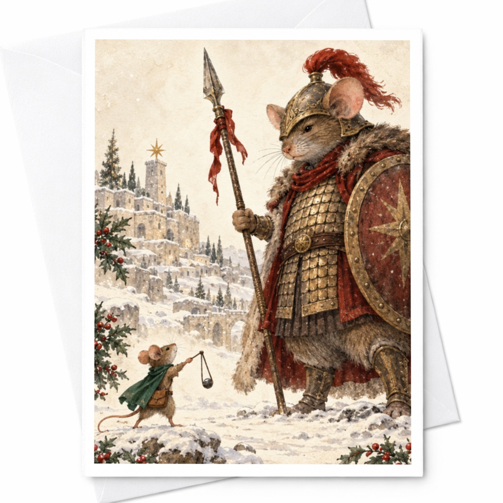 Mouse Warrior And Castle Blank Greeting Card Fantasy Art Card For Animal Lover Cute Winter Scene Holiday Card Whimsical Illustrati C9605