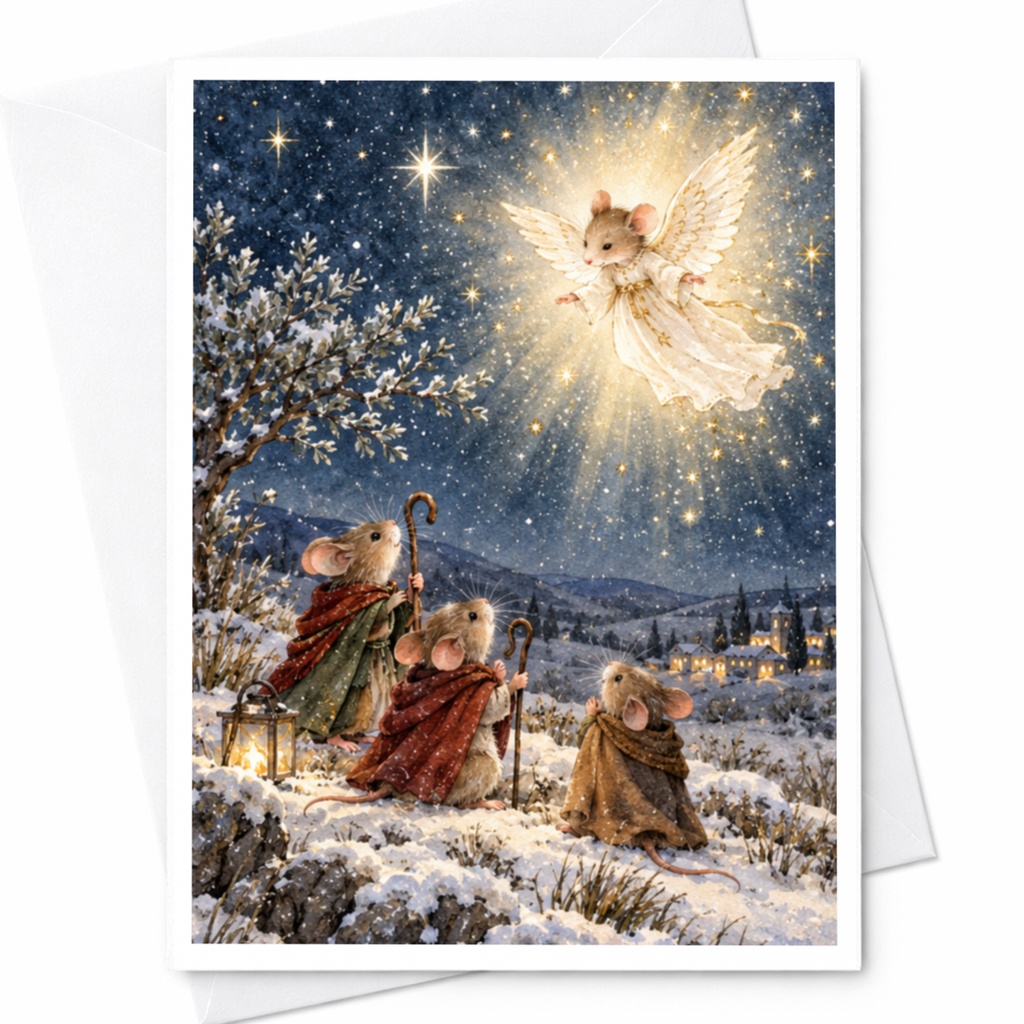 Christmas Card Mice With Angel Winter Scene Cute Holiday Greeting Card For Animal Lover Festive Snowy Landscape Art C9579