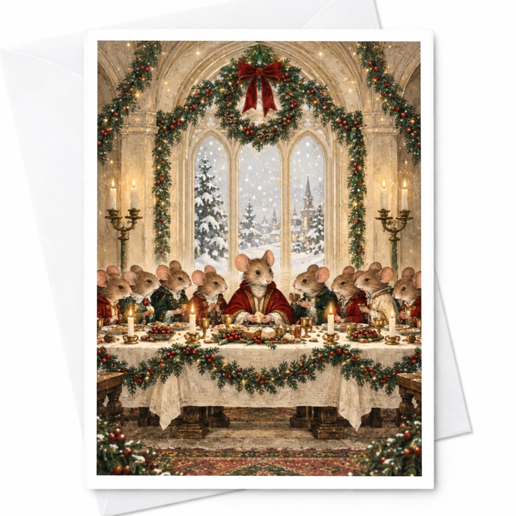Festive Mice Christmas Card Holiday Greeting Card Cute Animal Illustration Winter Wonderland Scene For Family Friends C9581