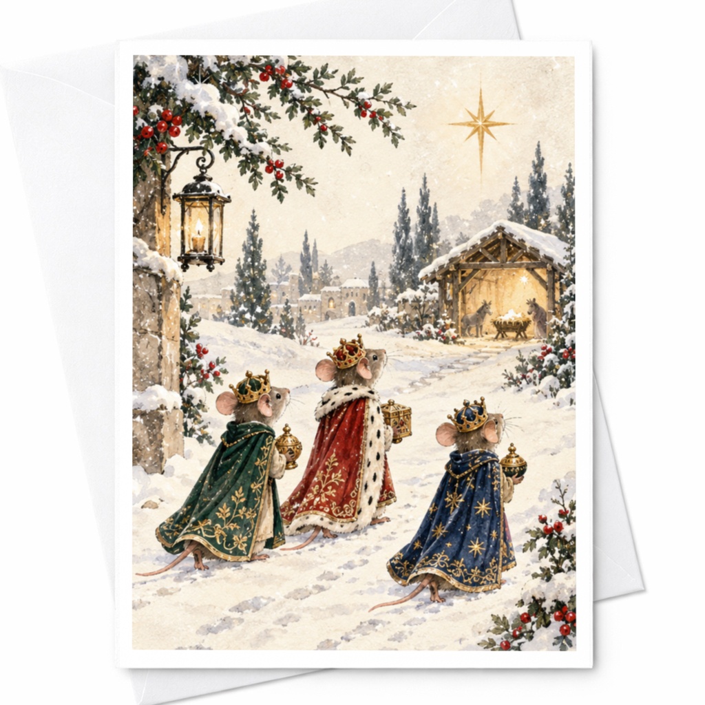 Three Kings Mice Christmas Card Cute Holiday Greeting Card Nativity Scene Winter Wonderland For Animal Lover Festive Card C9611