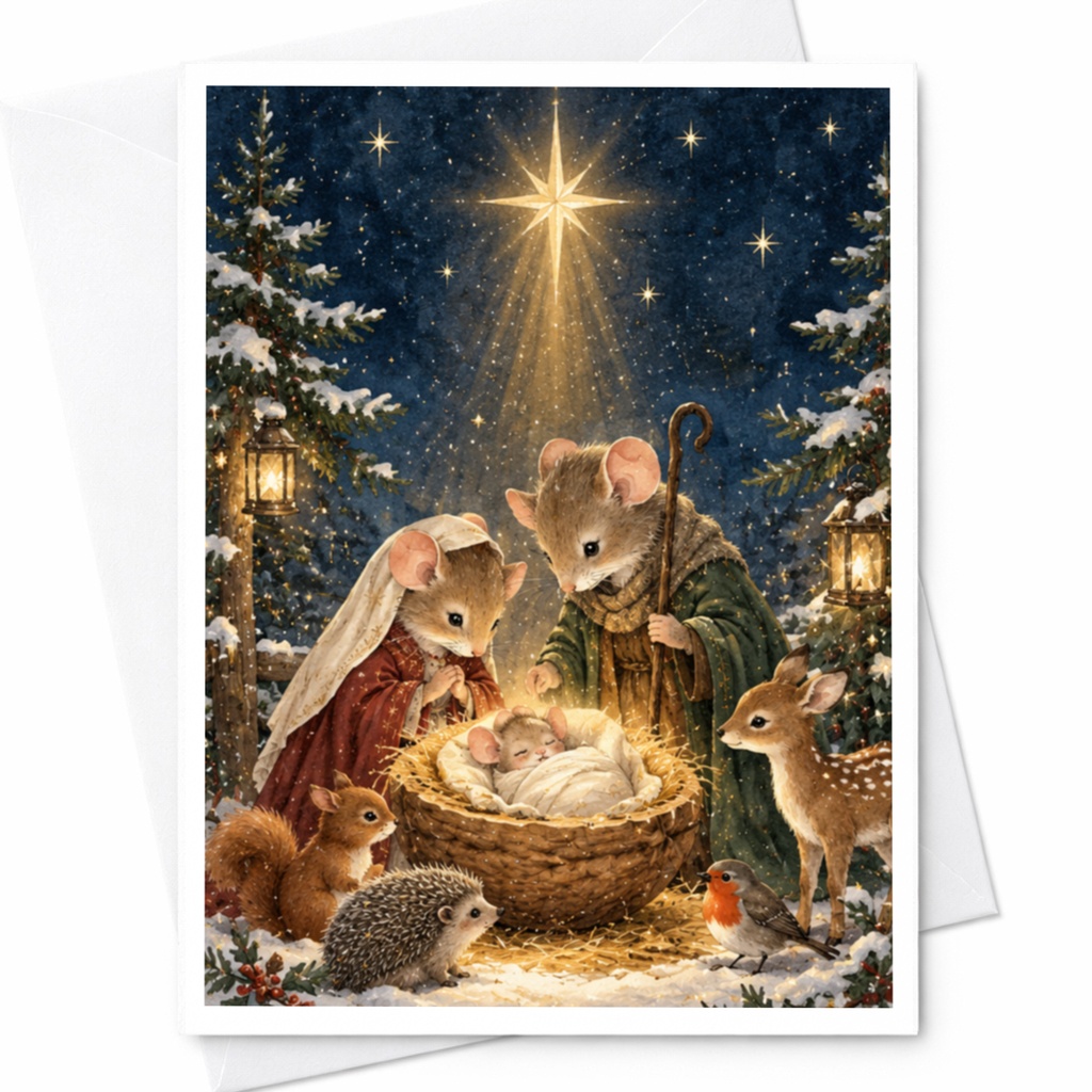 Nativity Scene Christmas Card Cute Animal Holiday Card Mice Deer Squirrel Hedgehog Festive Greeting Card For Family C9584