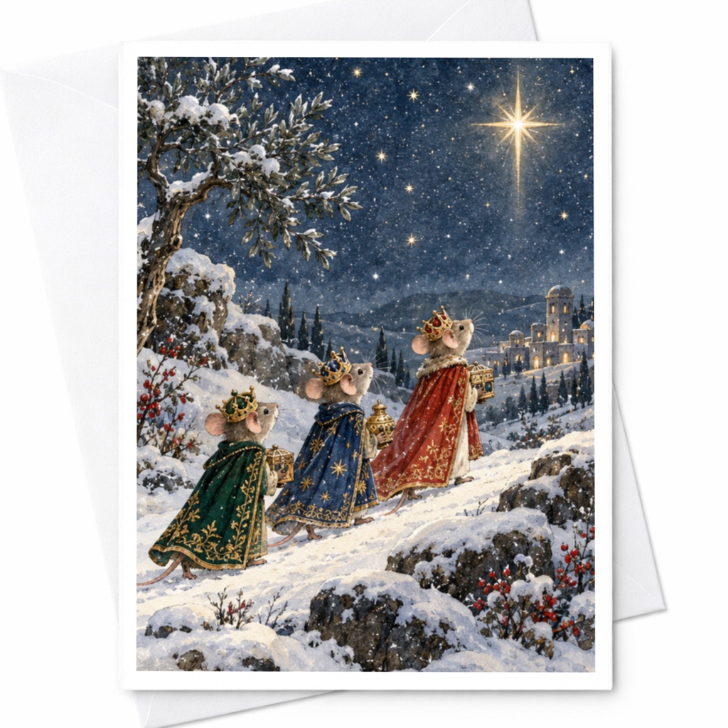 Three Wise Mice Christmas Card Cute Holiday Greeting Card Winter Scene For Animal Lover Festive Snowy Landscape Card C9612
