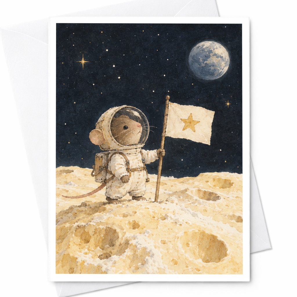 Mouse Astronaut Card Cute Space Adventure Blank Greeting Card For Kids Animal Lover Outer Space Theme Whimsical Art C9585