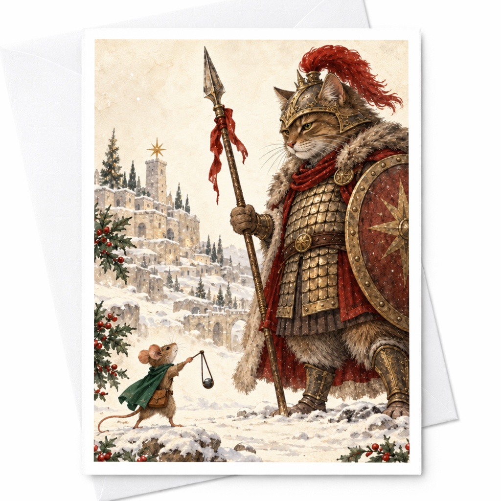 Cat Warrior Greeting Card Fantasy Animal Art Blank Greeting Card Winter Scene For Cat Lover Unique Illustration Card C9613