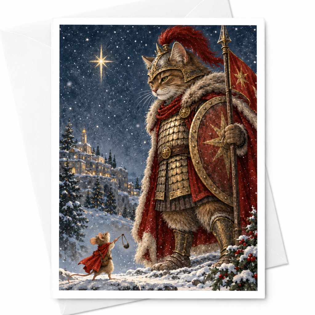Cat Warrior Greeting Card Fantasy Animal Art Blank Greeting Card Winter Scene For Cat Lover Unique Holiday Card C9614