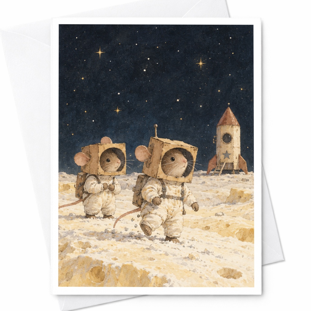 Mice Astronauts Blank Greeting Card Cute Space Adventure Card For Animal Lover Whimsical Illustration Everyday Card C9586