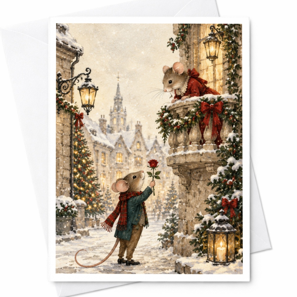 Romantic Mice Christmas Card Winter Scene Cute Holiday Greeting Card For Couple Animal Lover Festive Snowy Illustration C9615